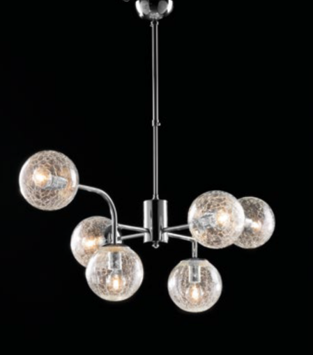 Immagine di Lampadario Cromo 6 Paralumi Sferici in Vetro Crackle Ikarus Bonetti