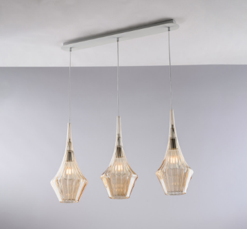 Immagine di Lampadario 3 Paralumi Bicchieri Vetro Ambra in Linea per Penisola Zeus Bonetti 