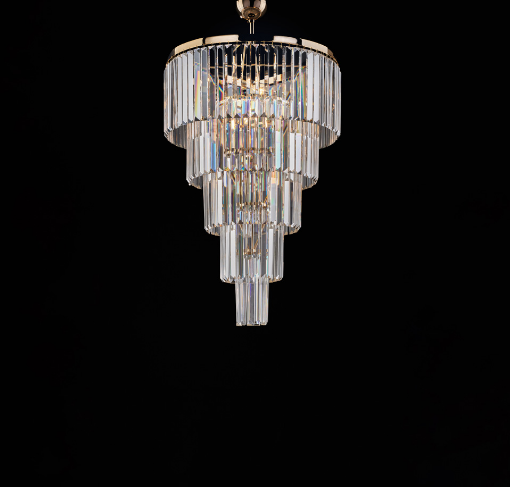 Immagine di Elegante Lampadario Oro con Ripiani Losanghe Vetro e Cristallo Schubert 7xE14 Bonetti 