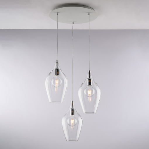 Immagine di Sospensione Moderna 3 Paralumi Bicchieri Vetro Trasparente Ares Ø50 cm Bonetti