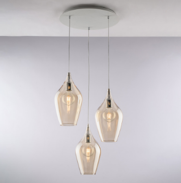 Immagine di Lampada a Sospensione Rotonda Moderna 3 Paralumi Vetro Ambra Ares Bonetti