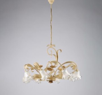 Immagine di Grande Lampadario Arte Povera Avorio con Decori Foglia Oro Cesto 8 Luci Bonetti 