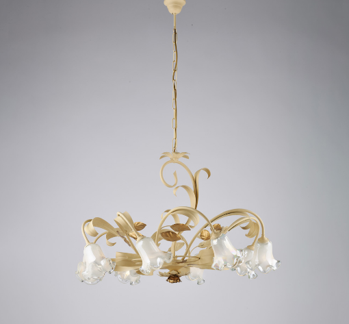 Immagine di Grande Lampadario Arte Povera Avorio con Decori Foglia Oro Cesto 8 Luci Bonetti 