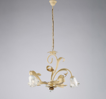 Immagine di Lampadario Arte Povera 3 Luci Avorio Dacapé e Decori Foglia Oro Cesto Bonetti 