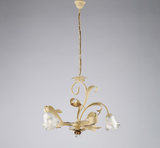 Immagine di Lampadario Arte Povera 3 Luci Avorio Dacapé e Decori Foglia Oro Cesto Bonetti 
