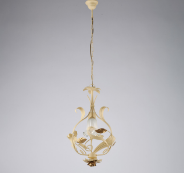 Immagine di Lampadario Avorio Decapato Tortora con Decori Floreali Oro Cesto 1xE14  Bonetti  
