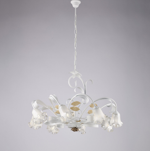 Immagine di Lampadario Rustico Bianco con Decori Tortora Cesto 8 Luci Bonetti  