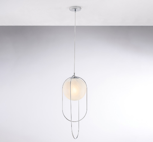 Immagine di Lampada a Sospensione Cromo con Paralume Sfera Vetro Bianco Erik Bonetti 