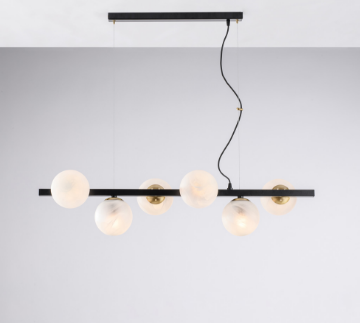 Immagine di Sospensione Lineare Nera con Decori Bronzo 6 Sfere Vetro Bianco Adrian Bonetti 