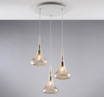 Immagine di Lampada a Sospensione Rotonda 3 Paralumi Vetro Ambra Nemesi Ø50 cm Bonetti