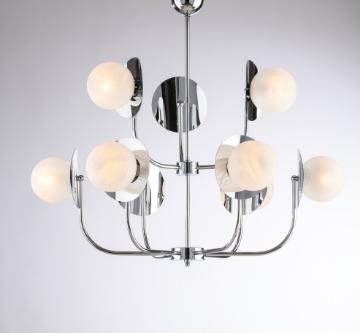 Immagine di Lampadario Moderno Cromo Lucido per Salotto 9 Sfere Vetro Bianco Selene Ø92 cm Bonetti 