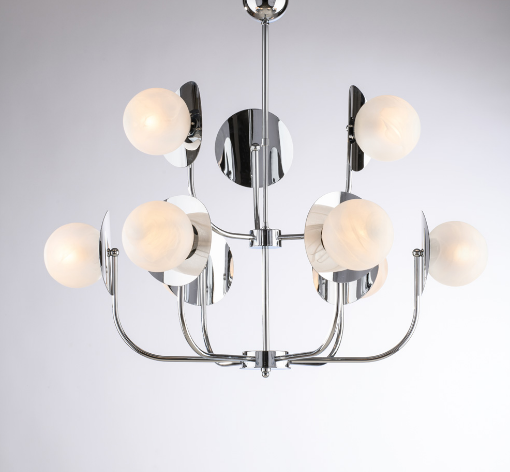 Immagine di Lampadario Moderno Cromo Lucido per Salotto 9 Sfere Vetro Bianco Selene Ø92 cm Bonetti 