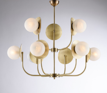 Immagine di Grande Lampadario Contemporaneo Bronzo 9 Sfere Vetro Bianco Selene Ø92 cm Bonetti  