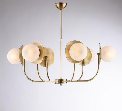 Immagine di Lampadario Rotondo Bronzo 6 Paralumi Sferici Vetro Bianco Selene Ø92 cm Bonetti 