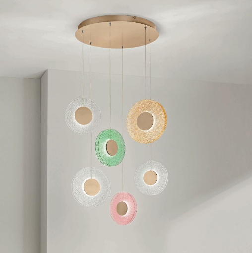 Immagine di Lampadario 6 Luci Led Dischi Vetro Colorato Graniglia Candy Ondaluce