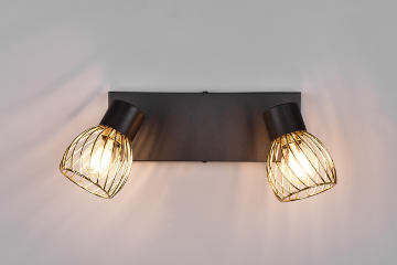 Immagine di Doppio Faretto Spot Ardon Nero con Paralume Gabbia Oro 2xE14 Orientabile Trio Lighting