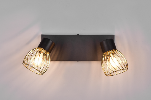 Immagine di Doppio Faretto Spot Ardon Nero con Paralume Gabbia Oro 2xE14 Orientabile Trio Lighting
