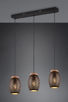 Immagine di Lampada 3 Sospensioni Oro e Nero con Decori Tagli Laser e Inserto Legno Bidar Trio Lighting 