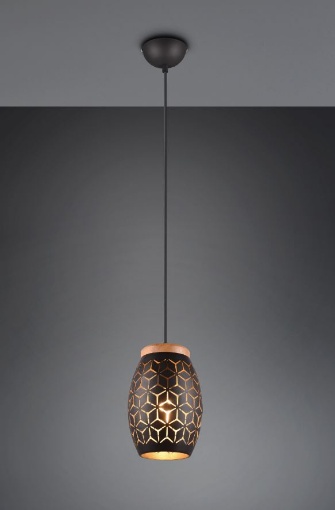 Immagine di Lampada a Sospensione Paralume Nero e Oro Decoro Tagli Laser Illuminazione Comodino Bidar Trio Lighting