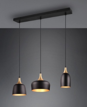 Immagine di Lampadario in Linea 3 Pendel Forme Diverse Chiraz Nero e Oro Trio Lighting