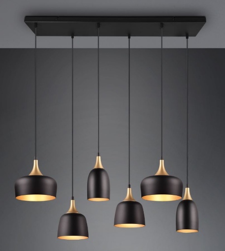 Immagine di Lampadario 6 Luci Paralumi Diverse Forme Chiraz Nero e Oro Trio Lighting 