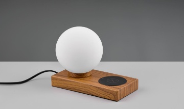 Immagine di Lumetto da Comodino Sfera Vetro Bianco e Base Effetto Legno con Ricarica Induttiva Smartphone Chloe Trio Lighting