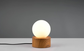 Immagine di Piccolo Lume da Comodino Countess Base Effetto Legno e Sfera Vetro Bianco Trio Lighting