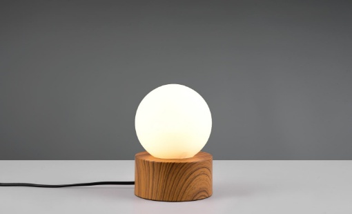 Immagine di Piccolo Lume da Comodino Countess Base Effetto Legno e Sfera Vetro Bianco Trio Lighting