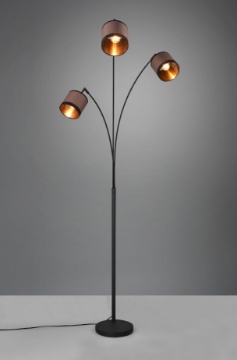 Immagine di Lampada da Terra Davos Nero 3 Bracci con Paralumi Tessuto Tortora e Oro 3xE14 Trio Lighting