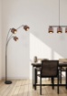 Immagine di Lampada da Terra Davos Nero 3 Bracci con Paralumi Tessuto Tortora e Oro 3xE14 Trio Lighting