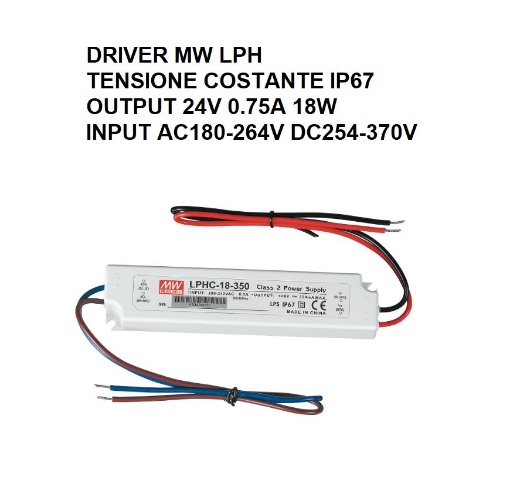 Immagine di Driver LPH Tensione Costante Output 24V 0.75A 18W Input 180-264VAC IP67