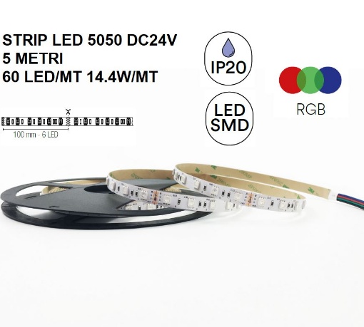 Striscia Led 5050 RGB Per Interni Bobina 5 Metri 60 Led mt 14,4w