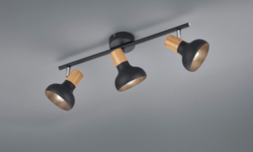 Immagine di Faretti Orientabili 3 Luci E14 Latika Nero e Inserti Effetto Legno Trio Lighting