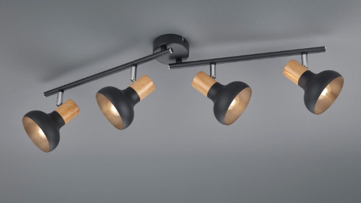 Immagine di Plafoniera Faretti Orientabili 4xE14 Latika Nero con Inserti Effetto Legno Trio Lighting