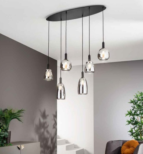 Immagine di Lampadario Nero per Soggiorno 6 Pendenti Vetro Cromato Weizen S6 Fan