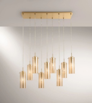 Immagine di Lampadario 9 Luci Per Soggiorno Metallo Rettangolare Con Cilindri Vetro Lucido