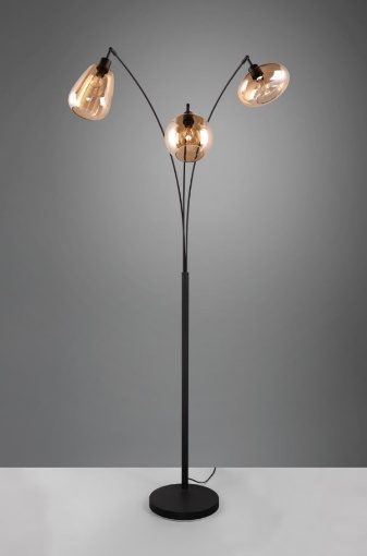 Immagine di Piantana ad Arco Struttura Nera e 3 Paralumi Assortiti Vetro Ambra Lumina Trio Lighting