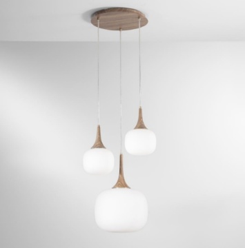 Immagine di Lampadario 3 Luci Finto Legno Bocce Vetro Bianco Per Soggiorno Jaipur Fan