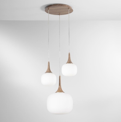Immagine di Lampadario 3 Luci Finto Legno Bocce Vetro Bianco Per Soggiorno Jaipur Fan