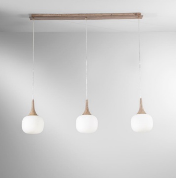 Immagine di Sospensione Binario 3 Pendenti Vetro Bianco Finto Legno Jaipur Fan