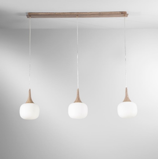Immagine di Sospensione Binario 3 Pendenti Vetro Bianco Finto Legno Jaipur Fan