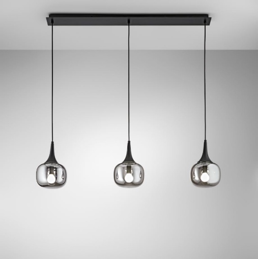Immagine di Lampadario Binario Nero Tre Pendenti Vetro Fume Jaipur Fan