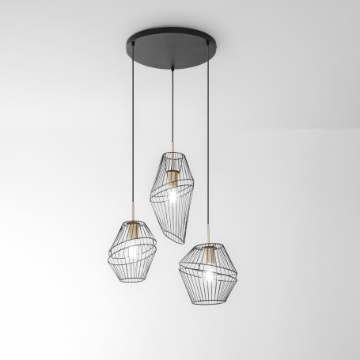Immagine di Lampadario 3 Luci Gabbia Metallo Nero Oro Per Salotto Kiko S3 Luce Ambiente Design