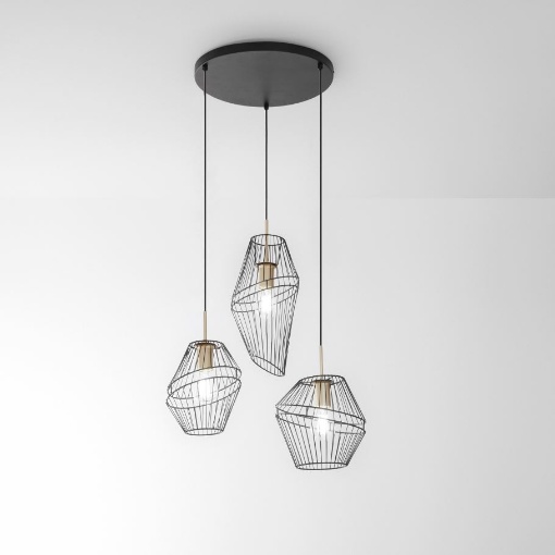 Immagine di Lampadario 3 Luci Gabbia Metallo Nero Oro Per Salotto Kiko S3 Luce Ambiente Design
