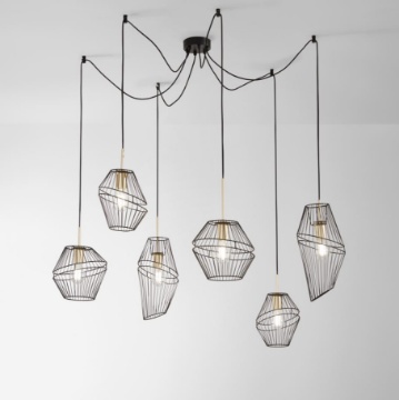 Immagine di Lampadario A Ragno 6 Luci Gabbia Metallo Nero Oro Kiko S6 Fan