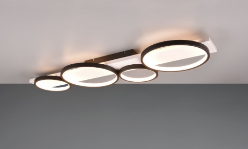 Immagine di Plafoniera Applique Nera 4 Anelli Led Switch Dimmer Medera Base Legno Bianco Trio Lighting