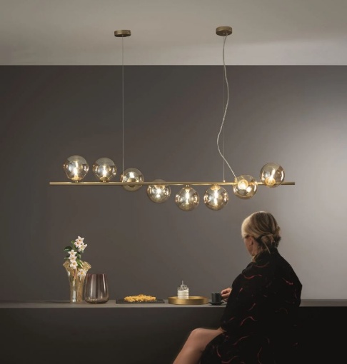 Immagine di Lampadario Binario Metallo Con 8 Sfere Vetro G9 Per Sala Da Pranzo