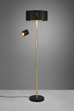 Immagine di Piantana Motel Stelo Lineare Ottone Paralume Tessuto Nero e Oro + Spot Orientabile Lettura Trio Lighting