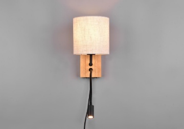Immagine di Applique Base Legno Spot Led da Lettura e Paralume Rotondo Tessuto Bianco 1xE27 Nilam Trio Lighting