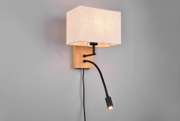 Immagine di Applique Base Legno Spot Led da Lettura e Paralume Squadrato Tessuto Bianco 1xE27 Nilam Trio Lighting